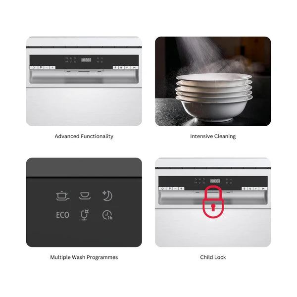 Aqua Noir 13 FS Free Standing Dishwasher – 13 Place Settings, 6 Wash Programs, Residual Heat Dry