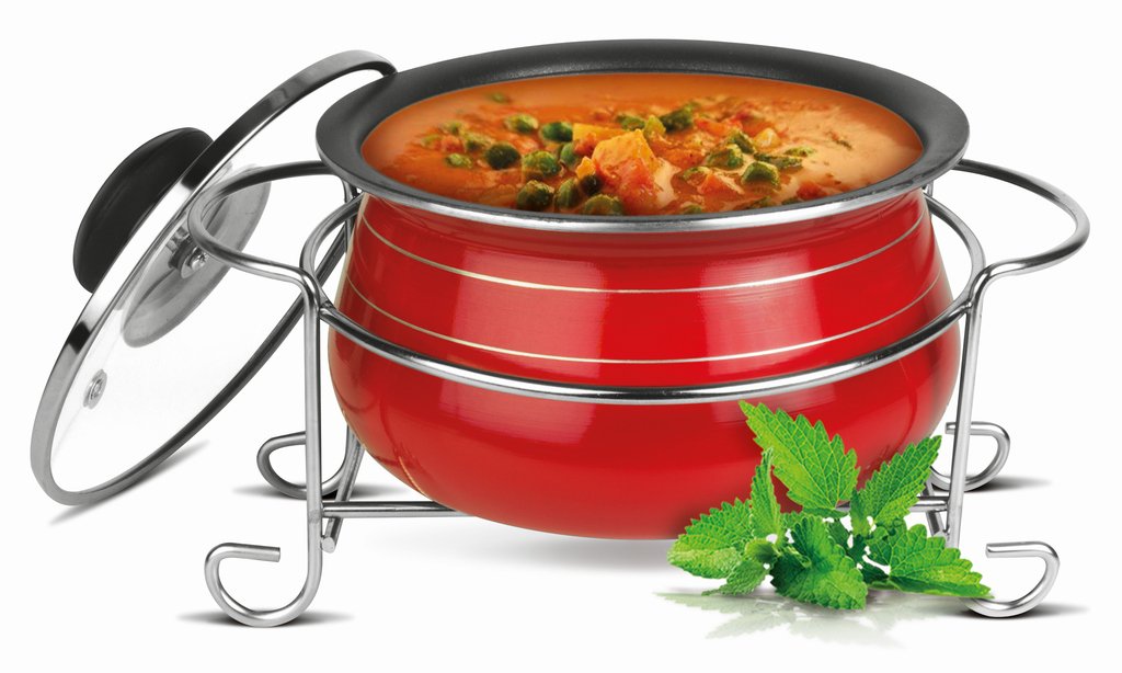 Anjali Aluminium Serving Handi with Stand,Glass Lid (1240 Ml)