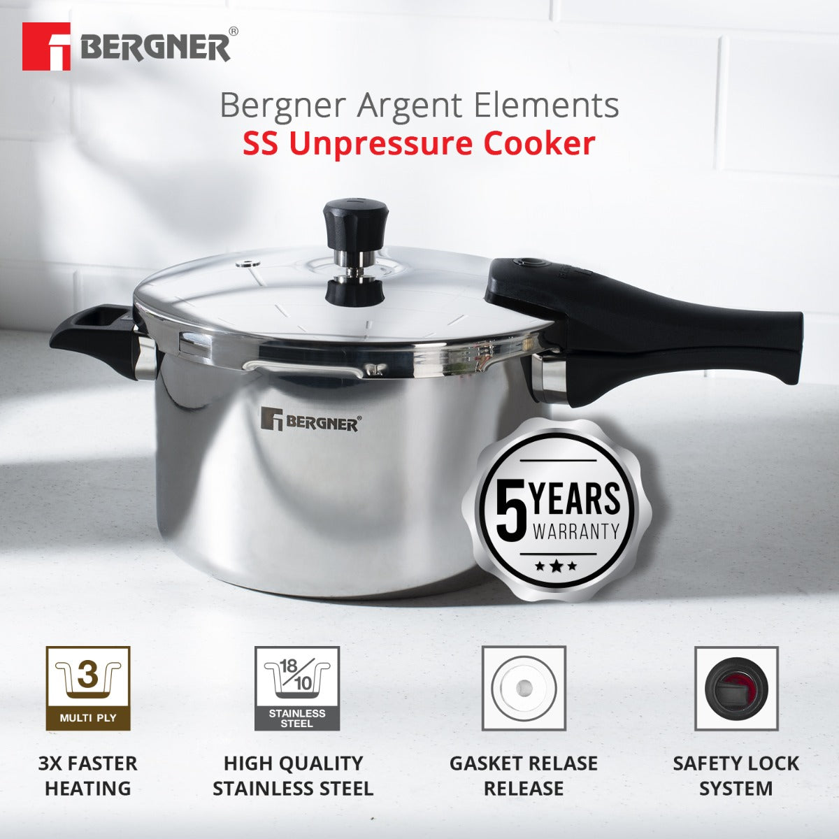 Bergner Argent Triply UnPressure Cooker 2.5 LTR with Triple Security System