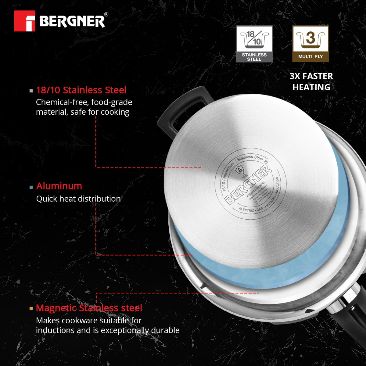 Bergner Argent Triply UnPressure Cooker 2.5 LTR with Triple Security System