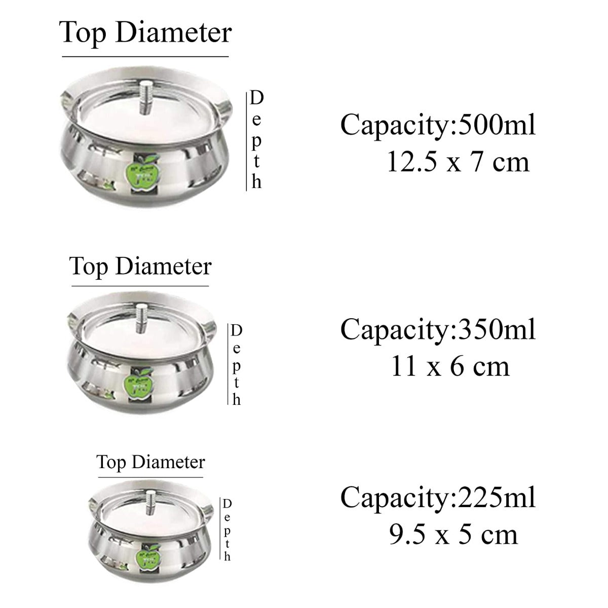 JVL Stainless Steel Handi Pot Set, 225ml | 350 ml | 500 ml, 3 Piece (Silver)