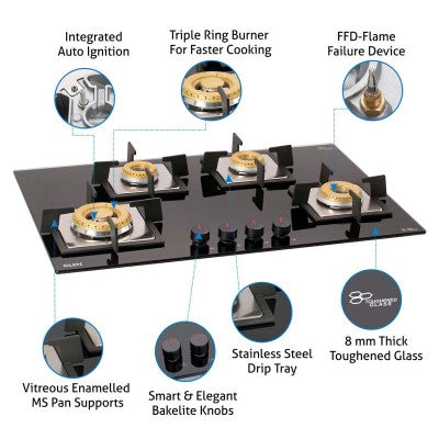 Glen 77 cm  4 Burner Built-in Glass Hob 1074 SQ IN BB TR FFD (Flame Failure Device)