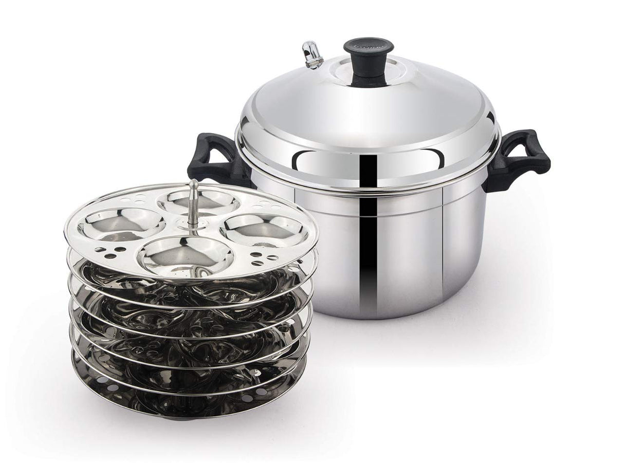 Luxuria Stainless Steel 24 Idly Cooker with Whistle, Silver