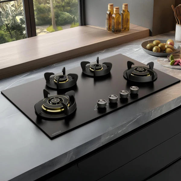 Altius Plus Matt 490 86 cm 4 Burner Hob – Brass Burners, Insta Ignition, Gunmetal Metal Knobs, 538.66.759