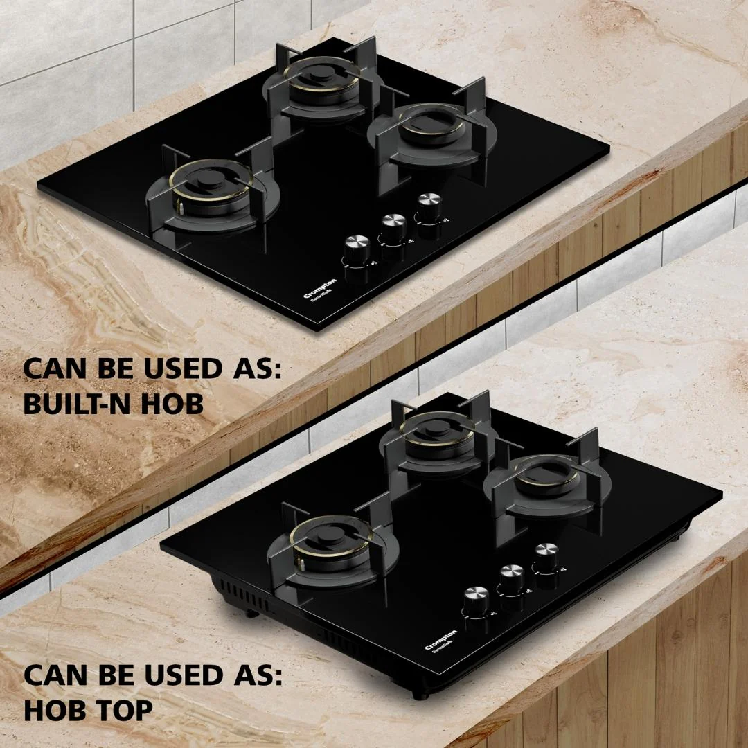 Crompton HOB-SSDC603-MBL Built-In Gas Hob 60 cm 3 Burner Hob Sensosafe