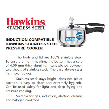 Hawkins Stainless Steel Pressure Cooker Stainless Steel 2 Litre: HSS 20 with Hawkins Genuine 2 Gasket & 2 Safety Valve