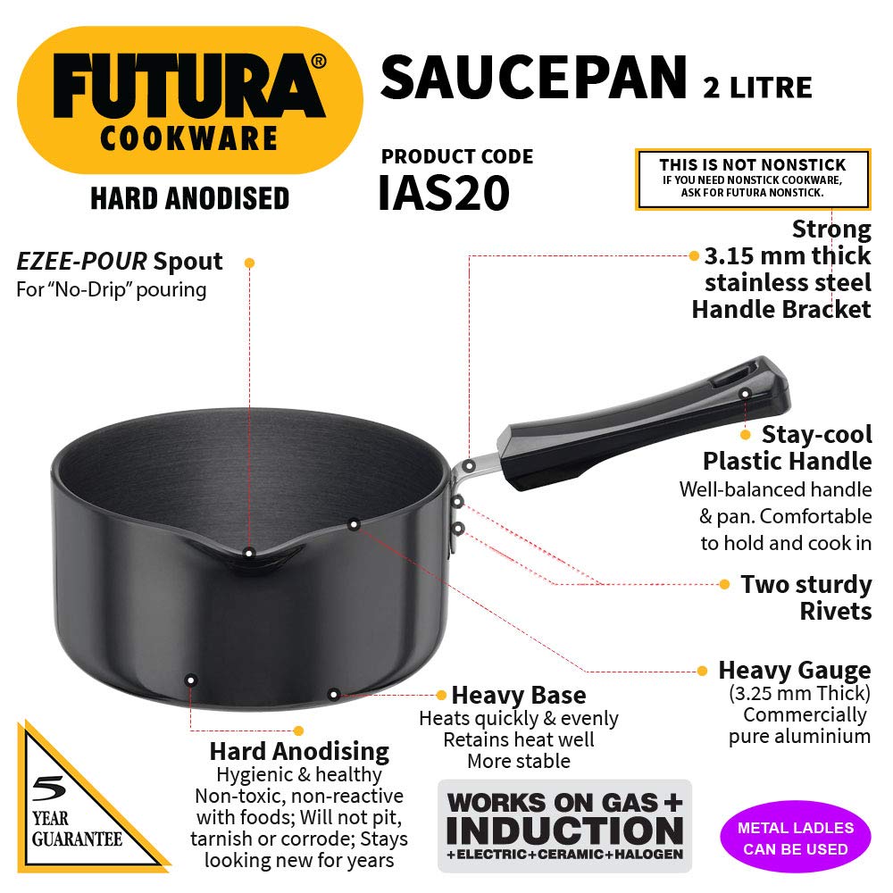 Hawkins Futura Hard Anodised Gas +Induction Base Ezee Pour Saucepan 2 Litre : IAS20