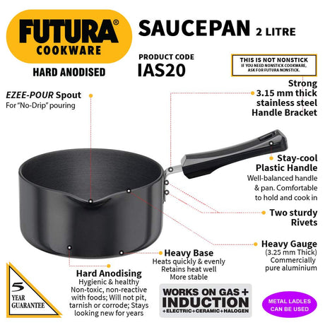 Hawkins Futura Hard Anodised Gas +Induction Base Ezee Pour Saucepan 2 Litre : IAS20