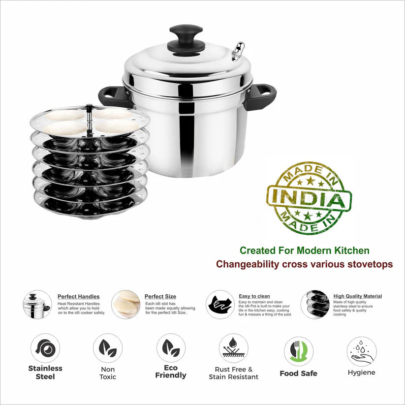 Stainless Steel Heavy Gauge Elegant Idli Cooker With Lid – 4 Plates