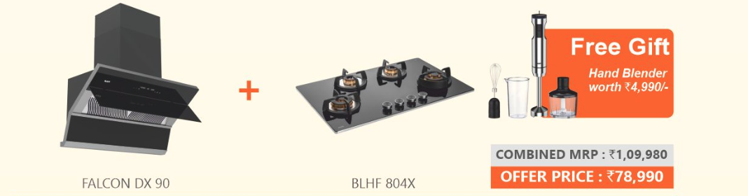 KAFF FALCON DX 90 Kitchen Chimney & BLH 804X BLK BUILT IN HOB