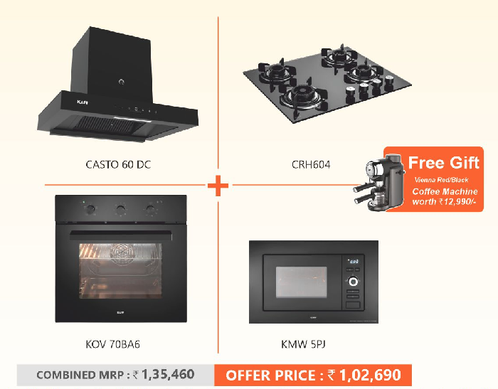 KAFF CASTO 60 DC Filterless Chimney & KAFF CRH 604 Built In Hob Electric & KAFF KOV 70 BA 6 Built In Oven & KAFF KMW 5PJ Built In Microwave