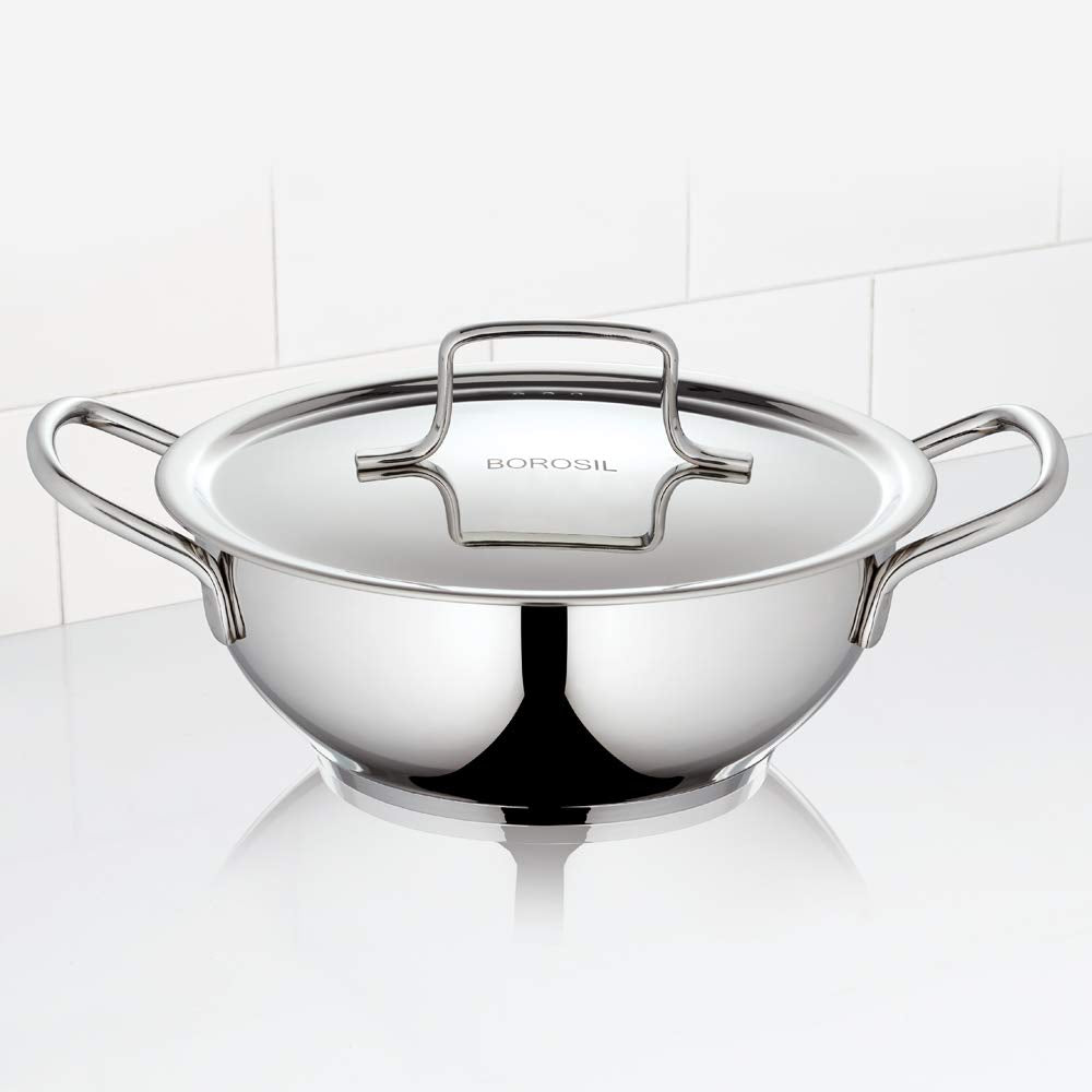 Borosil 2.3 L Stainless Steel Deep Kadhai with Lid, Impact Bonded Tri-Ply Bottom