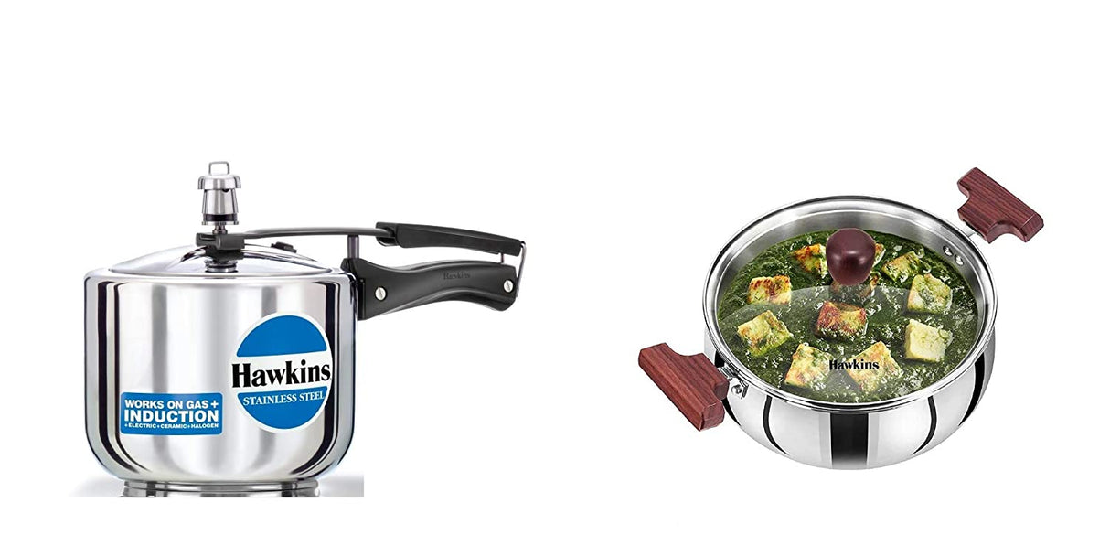 Hawkins Stainless Steel Pressure Cooker and Tri-Ply Stainless Steel Cook n Serve Handi with Glass Lid, Combo (3 L Tall Cooker + 3 L Handi)