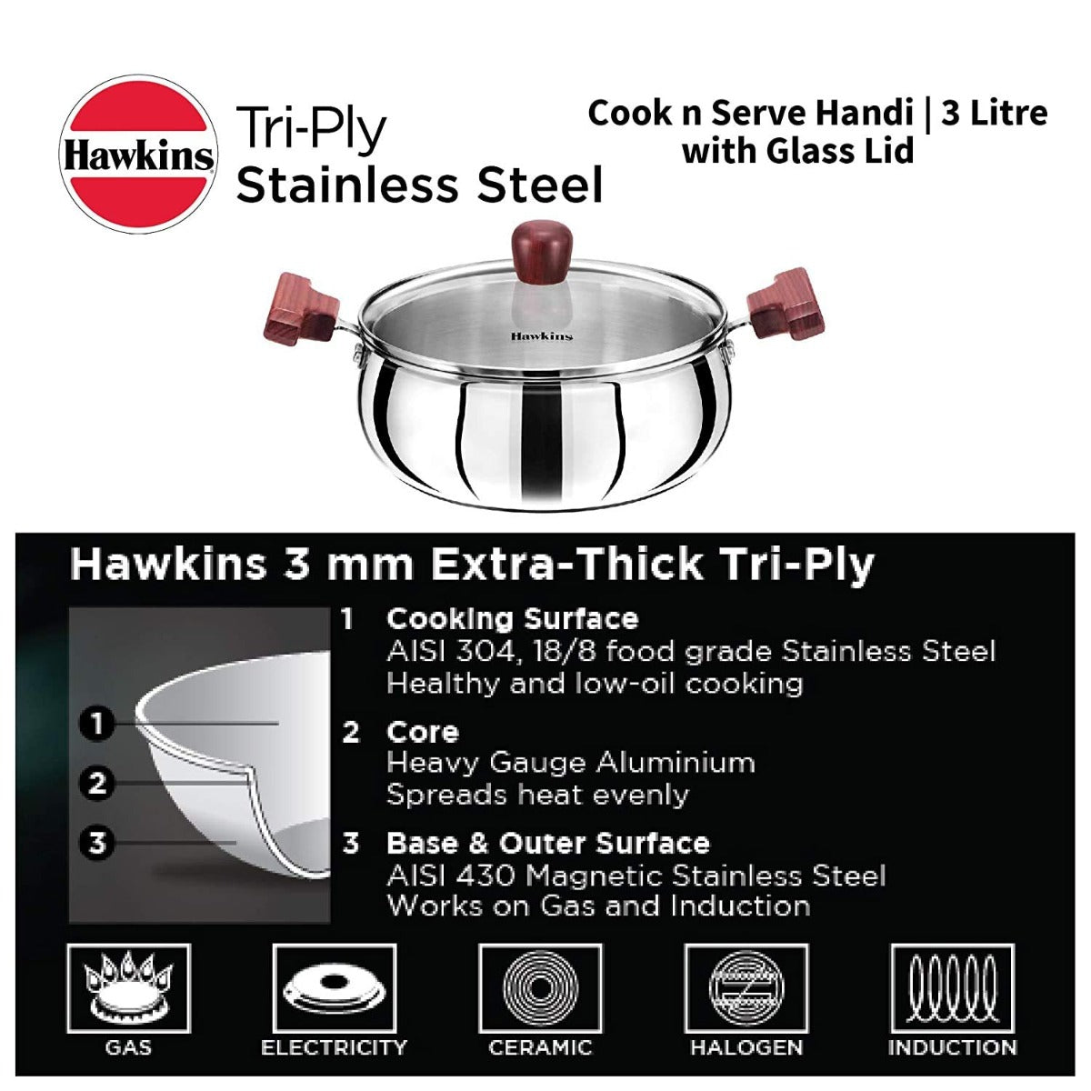 HAWKINS STAINLESS STEEL PRESSURE COOKER 3 L TALL 