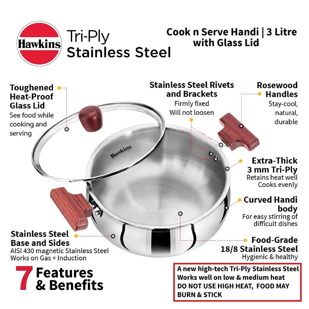 HAWKINS TRI-PLY STAINLESS STEEL COOK N SERVE HANDI WITH GLASS LID 3 L HANDI