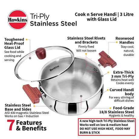 HAWKINS TRI-PLY STAINLESS STEEL COOK N SERVE HANDI WITH GLASS LID 3 L HANDI