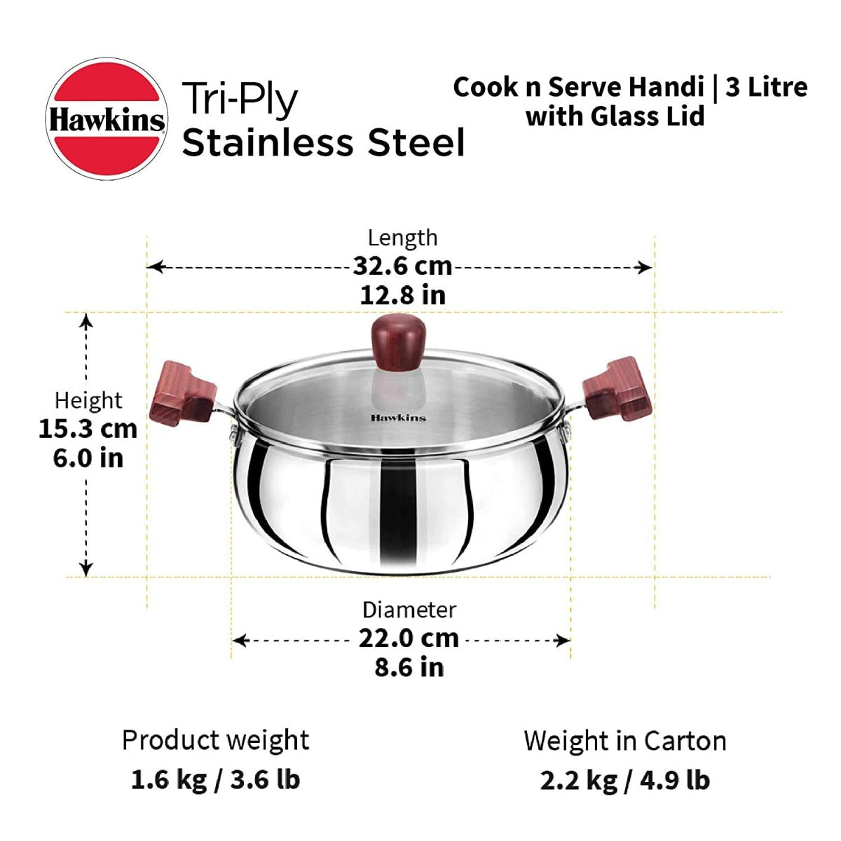 HAWKINS TRI-PLY STAINLESS STEEL COOK N SERVE HANDI WITH GLASS LID 3 L HANDI