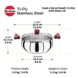 HAWKINS TRI-PLY STAINLESS STEEL COOK N SERVE HANDI WITH GLASS LID 3 L HANDI