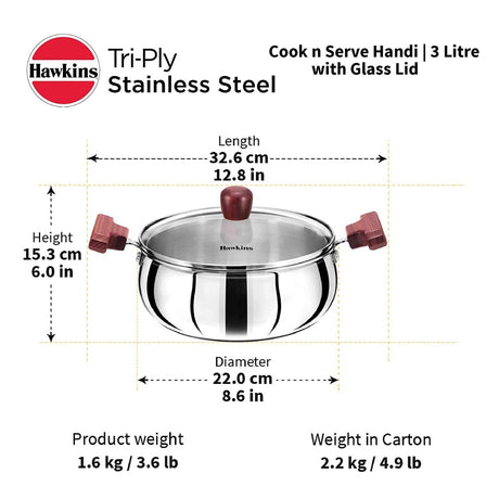 HAWKINS TRI-PLY STAINLESS STEEL COOK N SERVE HANDI WITH GLASS LID 3 L HANDI