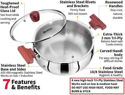 Hawkins TriPly Stainless Steel Induction Base Cook n Serve Handi with Glass Lid