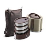 Vaya Tyffyn Graphite Polished Stainless Steel Lunch Box with Bagmat, 1000 ml, 3 Containers, Brown