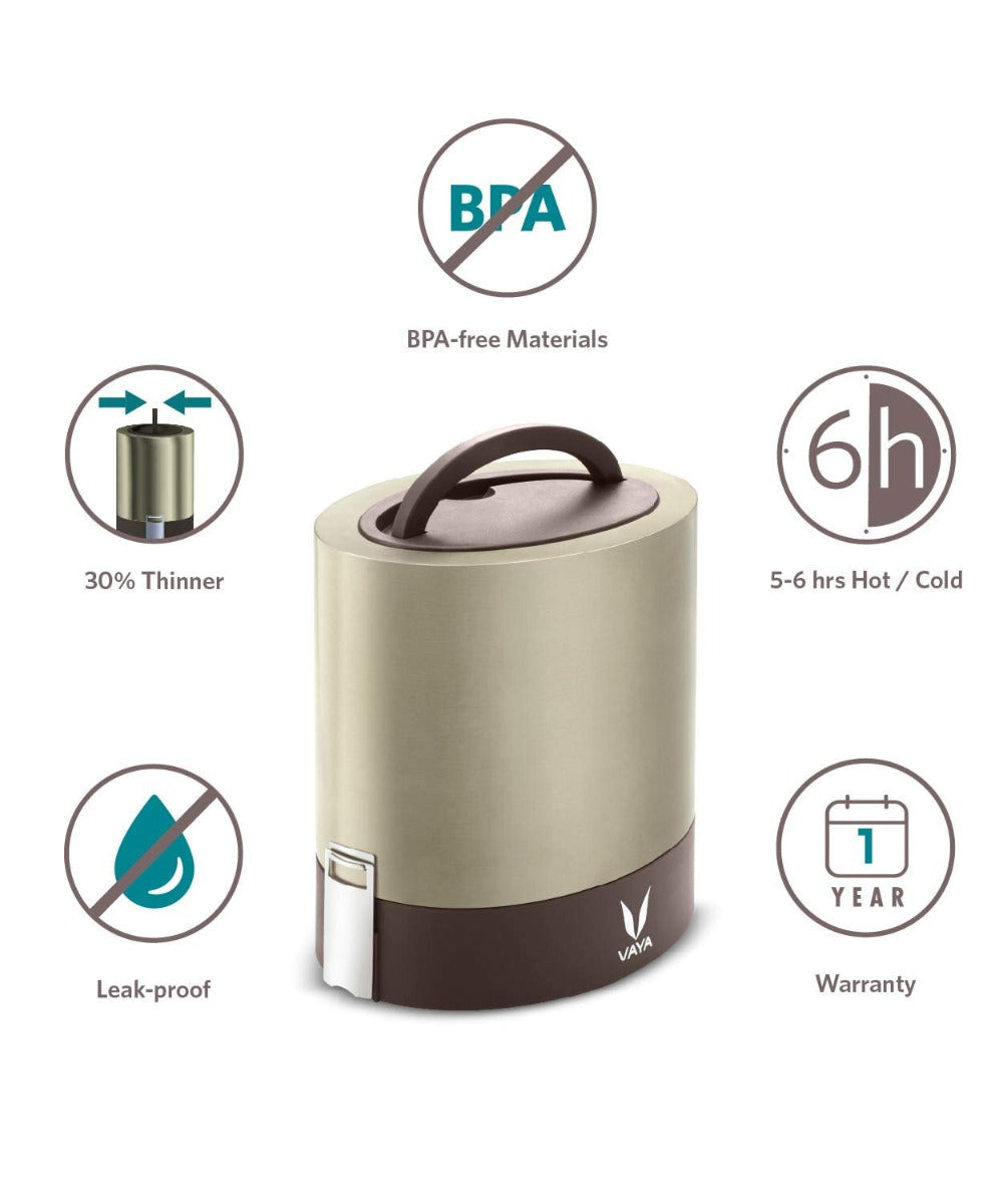 Vaya Tyffyn Graphite Polished Stainless Steel Lunch Box with Bagmat, 1000 ml, 3 Containers, Brown