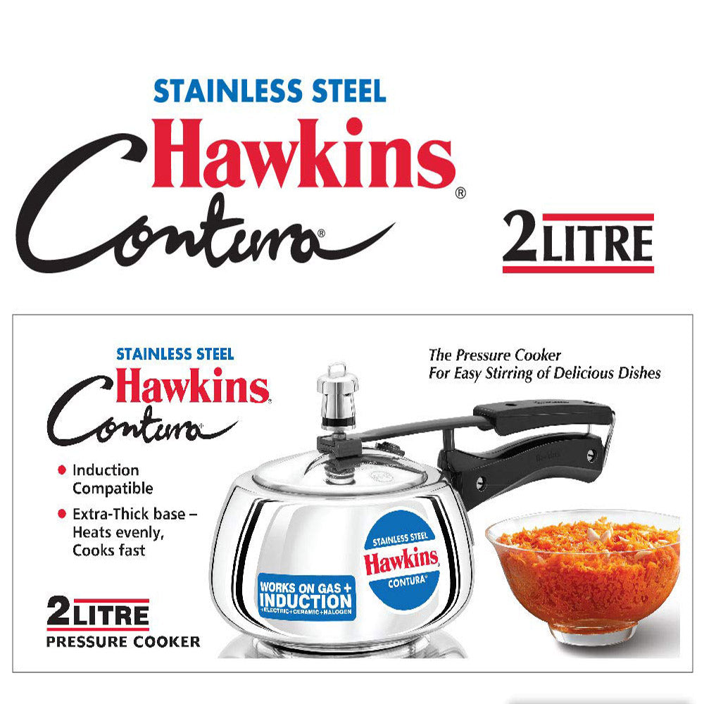 HAWKINS STAINLESS STEEL CONTURA PRESSURE COOKER 2 LITRE : SSC20 WITH HAWKINS GENUINE 2 GASKET & 2 SAFETY VALVE