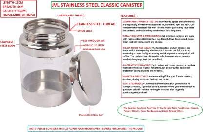 JVL 600 ml Stainless Steel Air Tight Classic Multi Purpose Unbreakable Jar (2 Pcs)