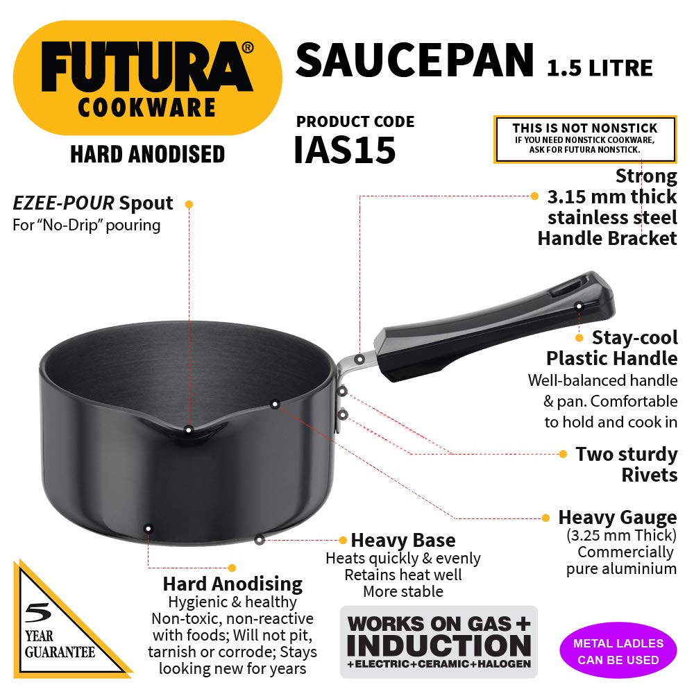 Hawkins Futura Hard Anodised Induction Compatible Ezeepour Saucepan 1.5 L (16 cm) IAS15