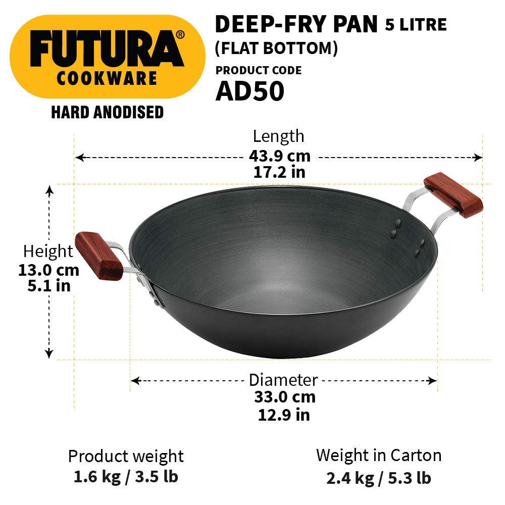 Hawkins Futura 5 Litre Hard Anodised Deep-Fry Pan (Flat Bottom)  with 2 short handles AD50