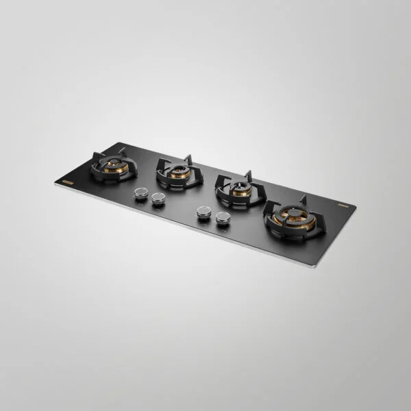 KAFF MSM 104 Full Brass 4 Burner High Efficiency Burners with FFD Thick Premium Frosted Black Glass Built in Hob