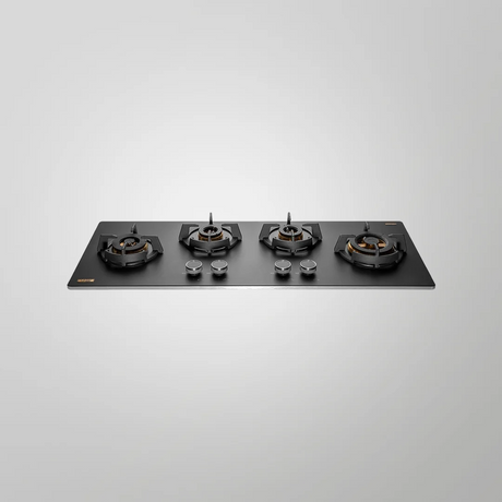 KAFF MSM 104 Full Brass 4 Burner High Efficiency Burners with FFD Thick Premium Frosted Black Glass Built in Hob