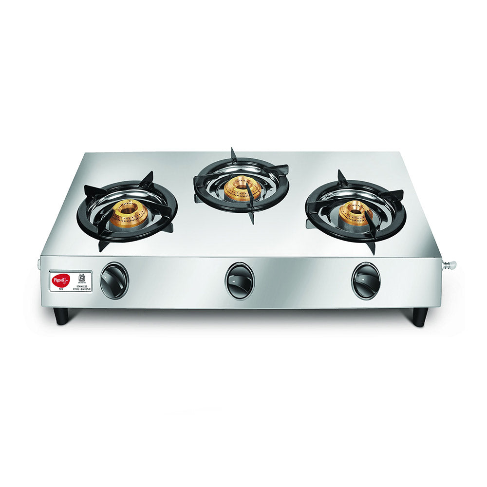 Buy Pigeon 123 Stainless Steel 3 Burner Gas Stove at the lowest price in India at Apnidukaan.com