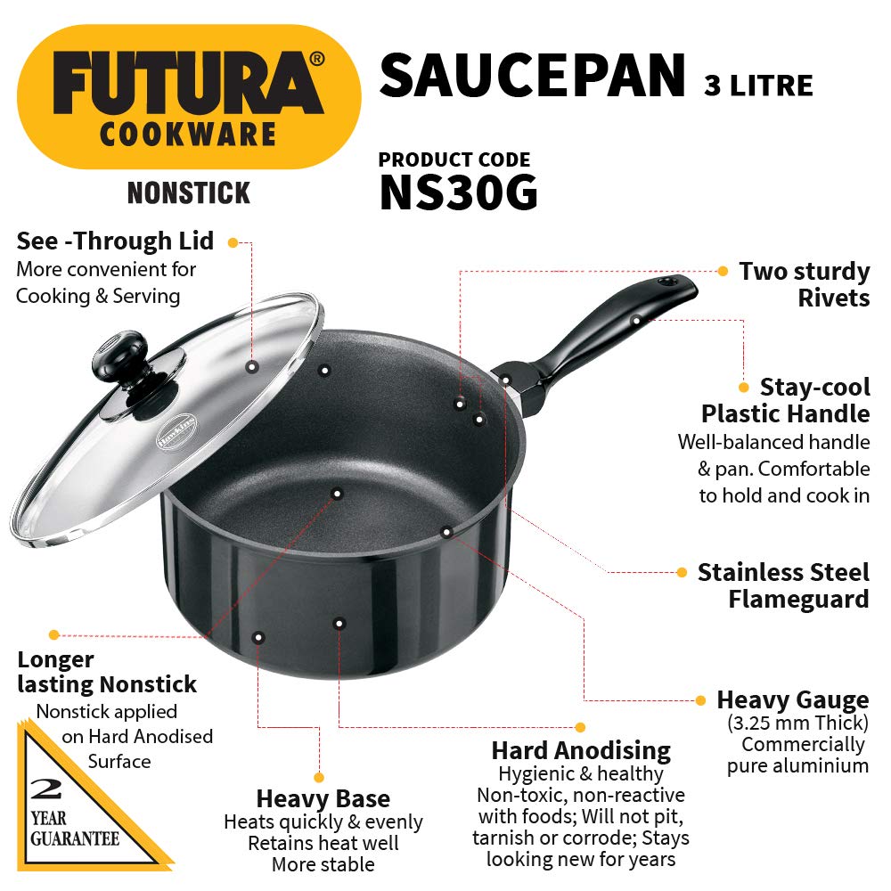 HAWKINS FUTURA 3 L NON-STICK ALUMINIUM SAUCE PAN WITH GLASS LID 20 CM : NS30G