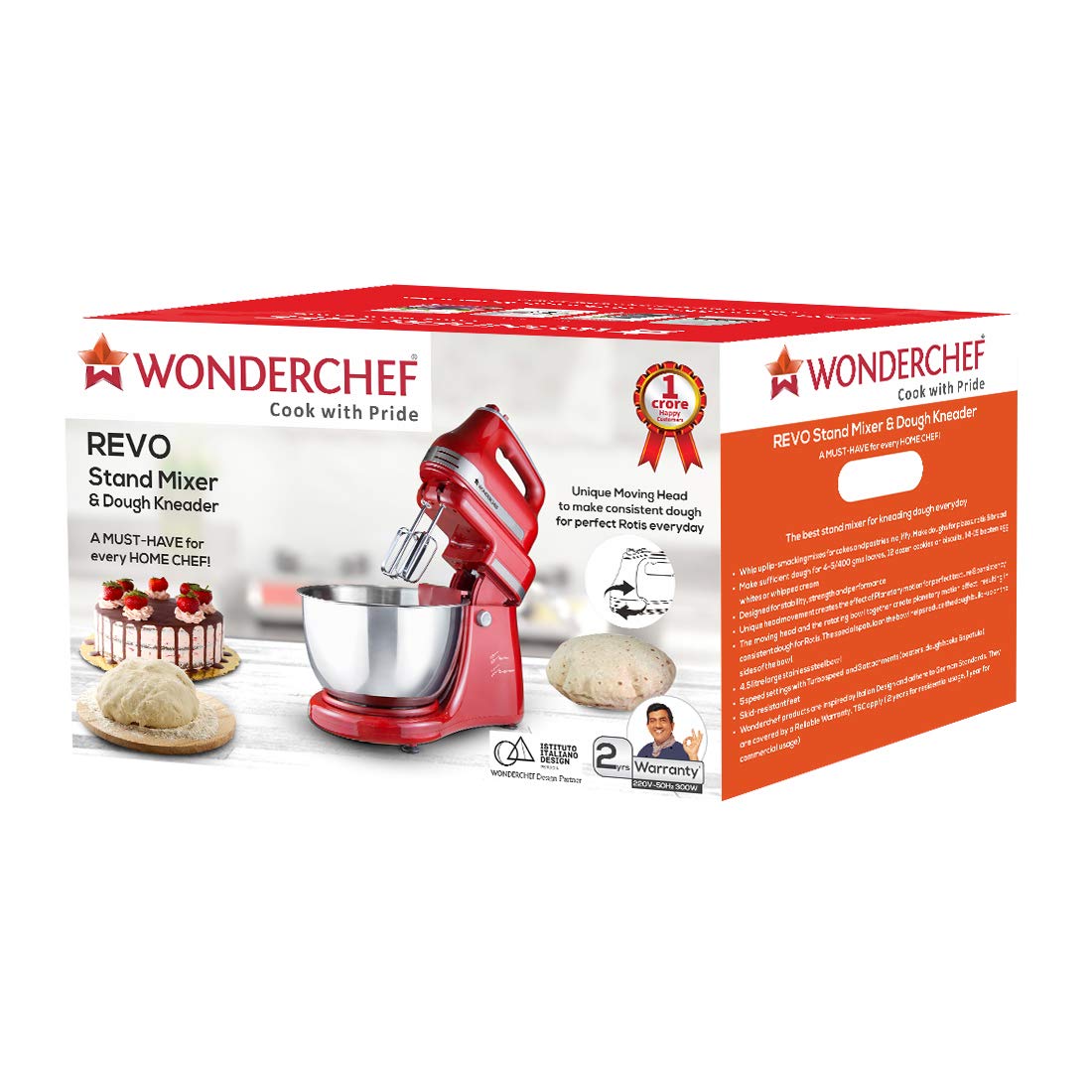 Wonderchef  Revo 300W Stand Mixer And Dough Kneader (3 Attachment),4.5L Bowl,  5 Speed Setting