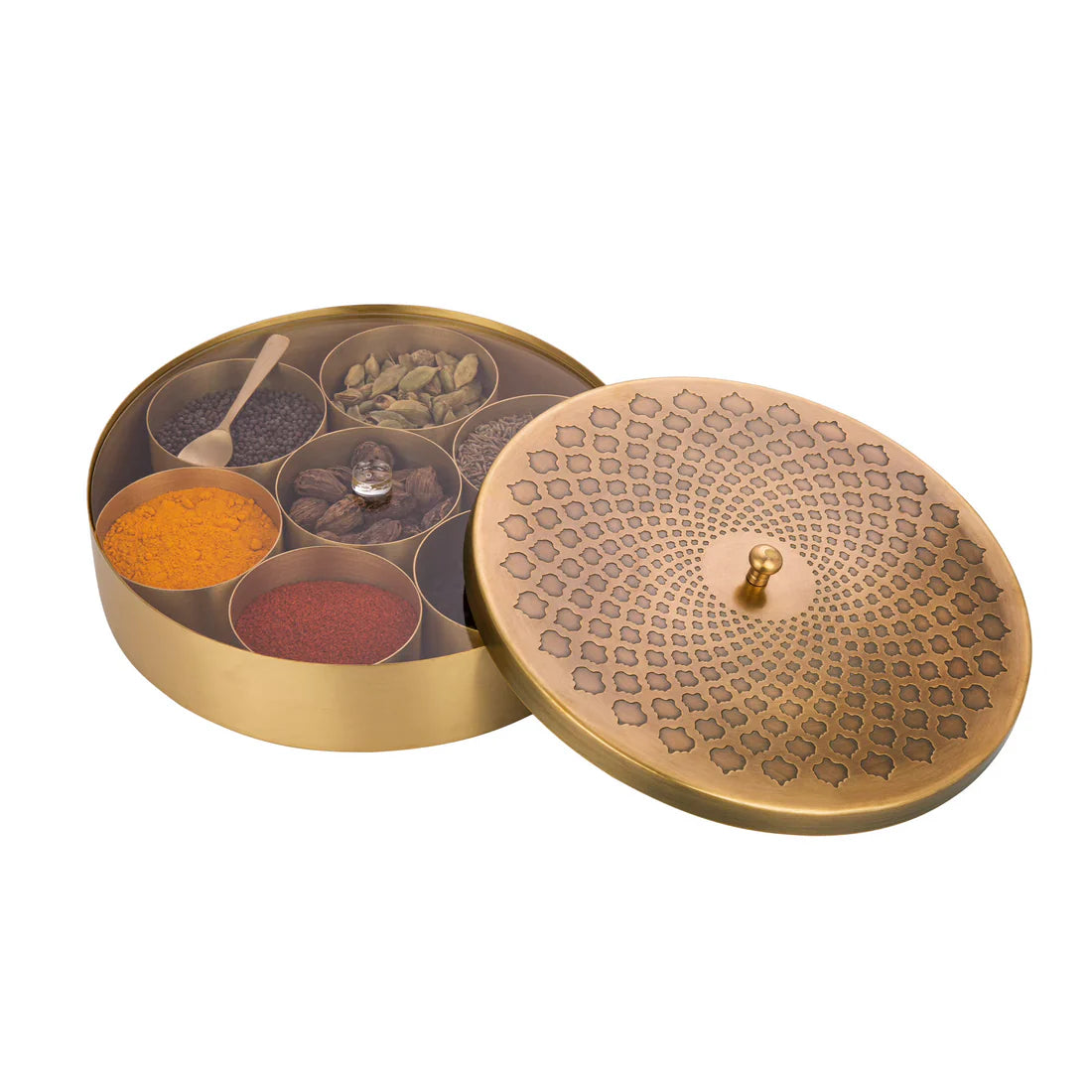 Rasoi Antique Brass Masala Dabba - Traditional Spice Box with 7 Compartments - 9 Inch