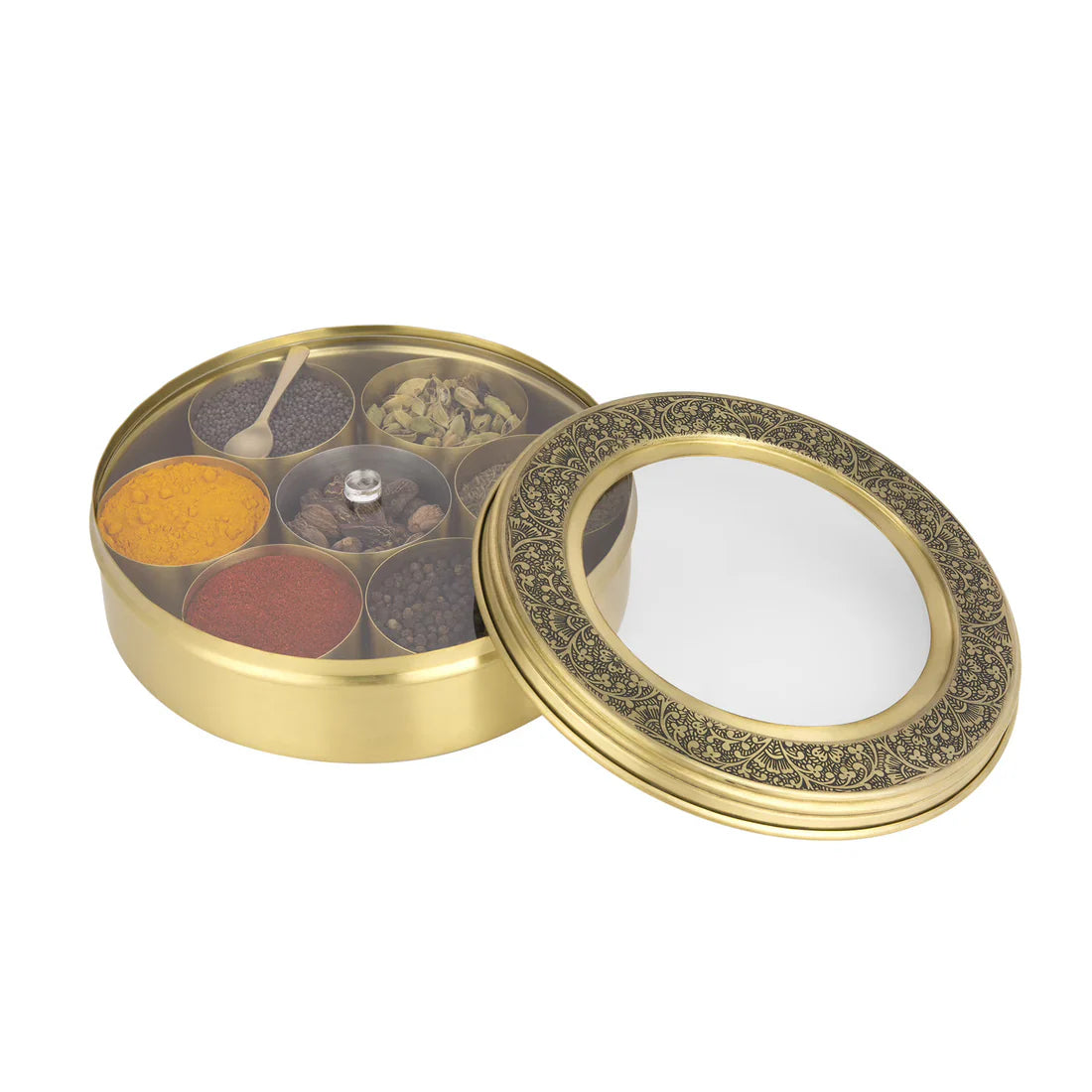 Rasoi Brass Masala Dabba with See-Through Lid | Premium Spice Box for Kitchen - 9 Inch
