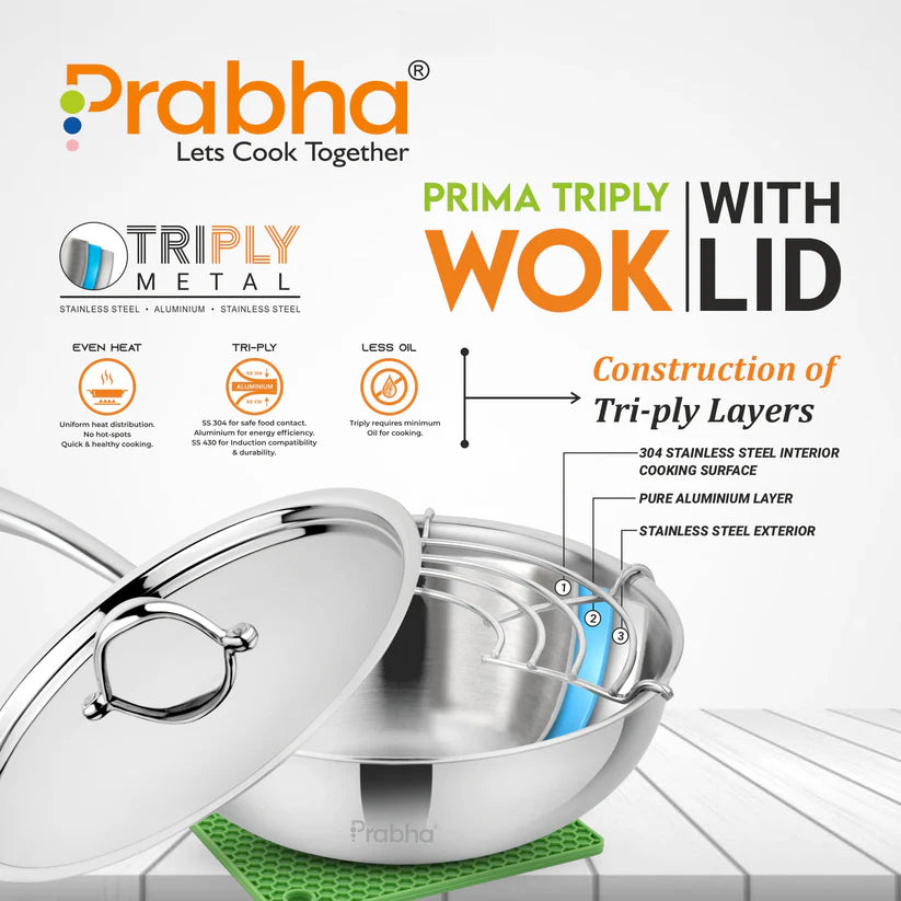 Prima Triply Wok With Lid – 5.5L, 30cm