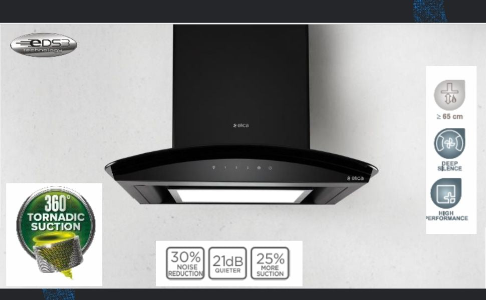 Elica Deep Silent Chimney Glace EDS PLUS HE LTW 60 NERO T4V LED P