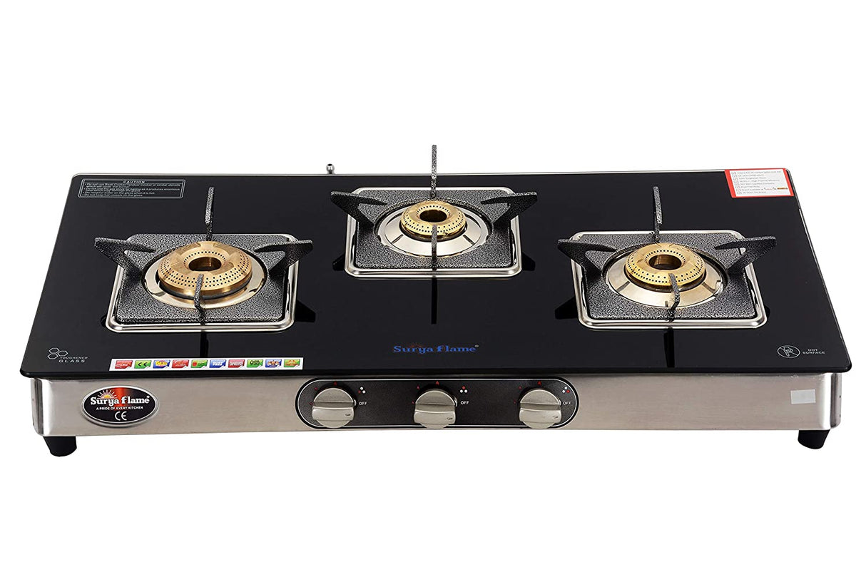 Surya Flame 3B Bello Black Glasstop Gas Stove in SS Body (3 Burner)