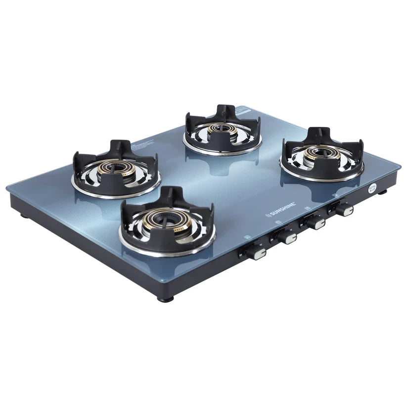 Royal Blue Four Burner Toughened Glass Gas Stove Manual Ignition