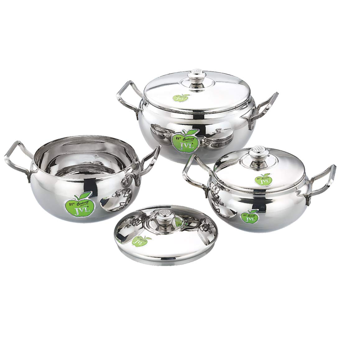 JVL Globe Plain Stainless Steel Cooking Sauce Pot Handi Vessel with Lid (Set Of 3 )