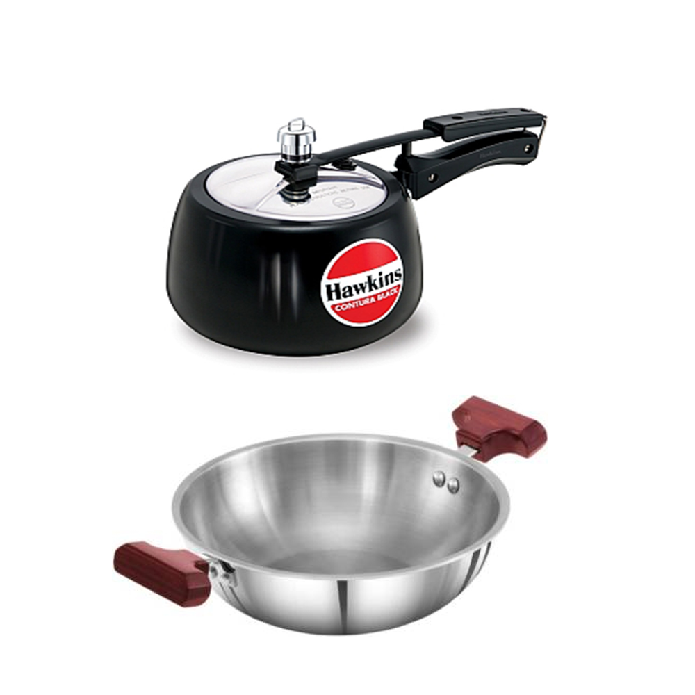 HAWKINS CONTURA PRESSURE COOKER 3 LITRE: CB30 & HAWKINS TRI-PLY DEEP FRY PAN 22 CM SSD15