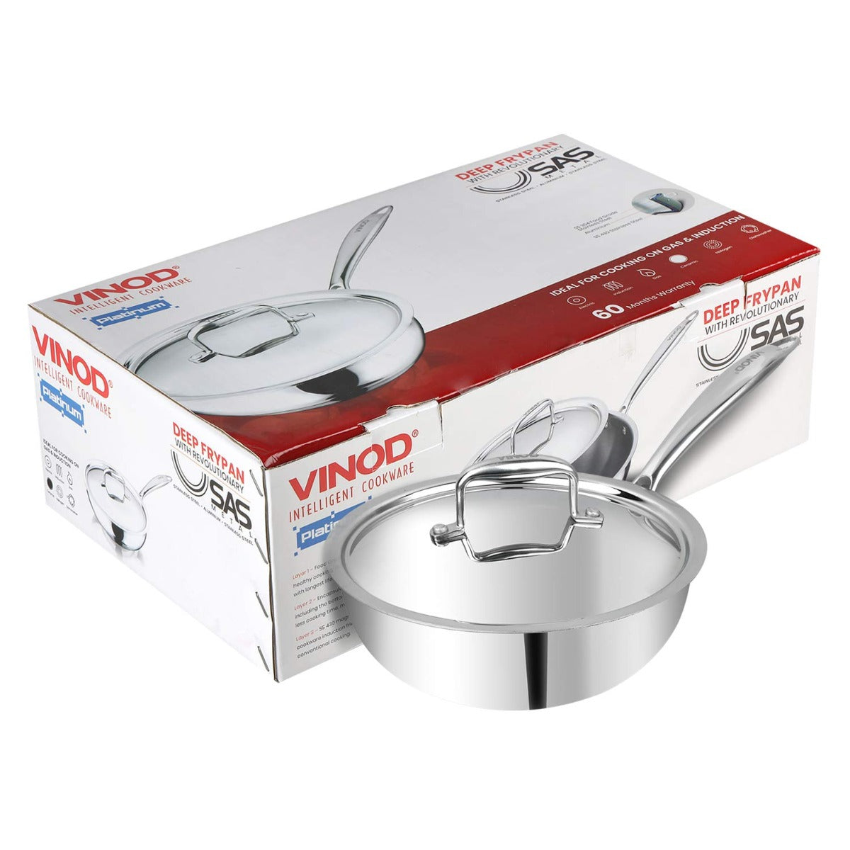 Vinod 20 cm Platinum Triply Stainless Steel Deep Frypan with Lid- PTDF20