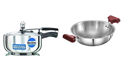 Hawkins Stainless Steel Wide Pressure Cooker, 3 litres and Triply 3 mm Stainless Steel Deep Fry Pan/Kadhai 1.5 LTR, Set of 2