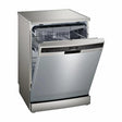 A Siemens iQ500 series free standing dishwasher, stainless steel finish, with the upper rack partially pulled out.