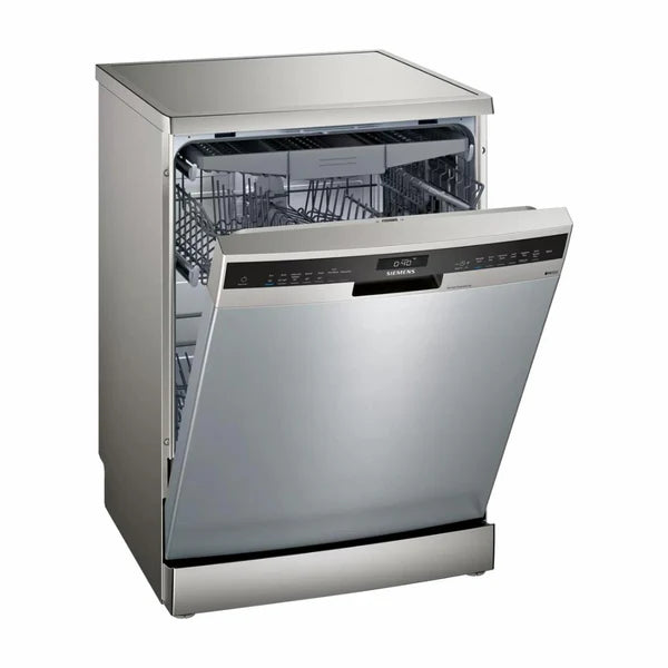 A Siemens iQ500 series free standing dishwasher, stainless steel finish, with the upper rack partially pulled out.