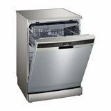 A Siemens iQ500 series free standing dishwasher, stainless steel finish, with the upper rack partially pulled out.