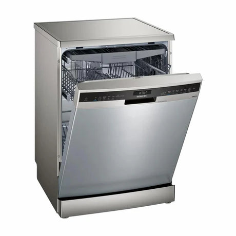 A Siemens iQ500 series free standing dishwasher, stainless steel finish, with the upper rack partially pulled out.