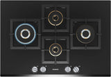 A black Siemens iQ500 gas hob with tempered glass surface, featuring four burners and control knobs.